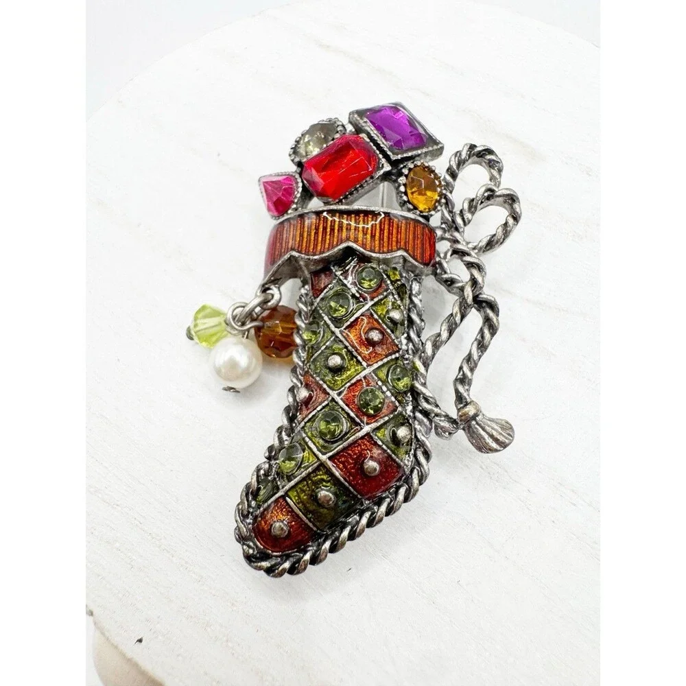 KC Kenneth Cole Classic Christmas Stocking Crystal Gems Brooch Cha Cha Beads